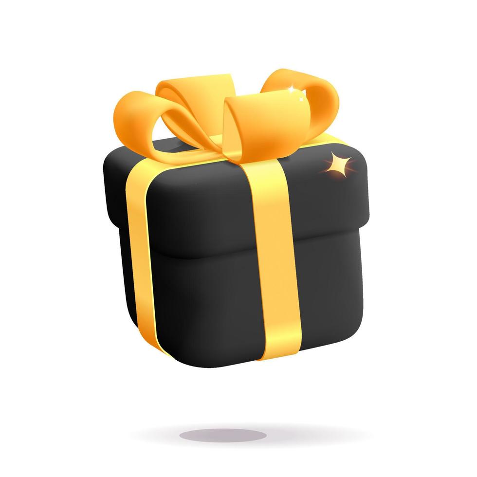3d vector volando negro cuadrado cerrado presente caja de regalo con lazo de cinta de oro amarillo diseño de icono de representación de dibujos animados de plástico