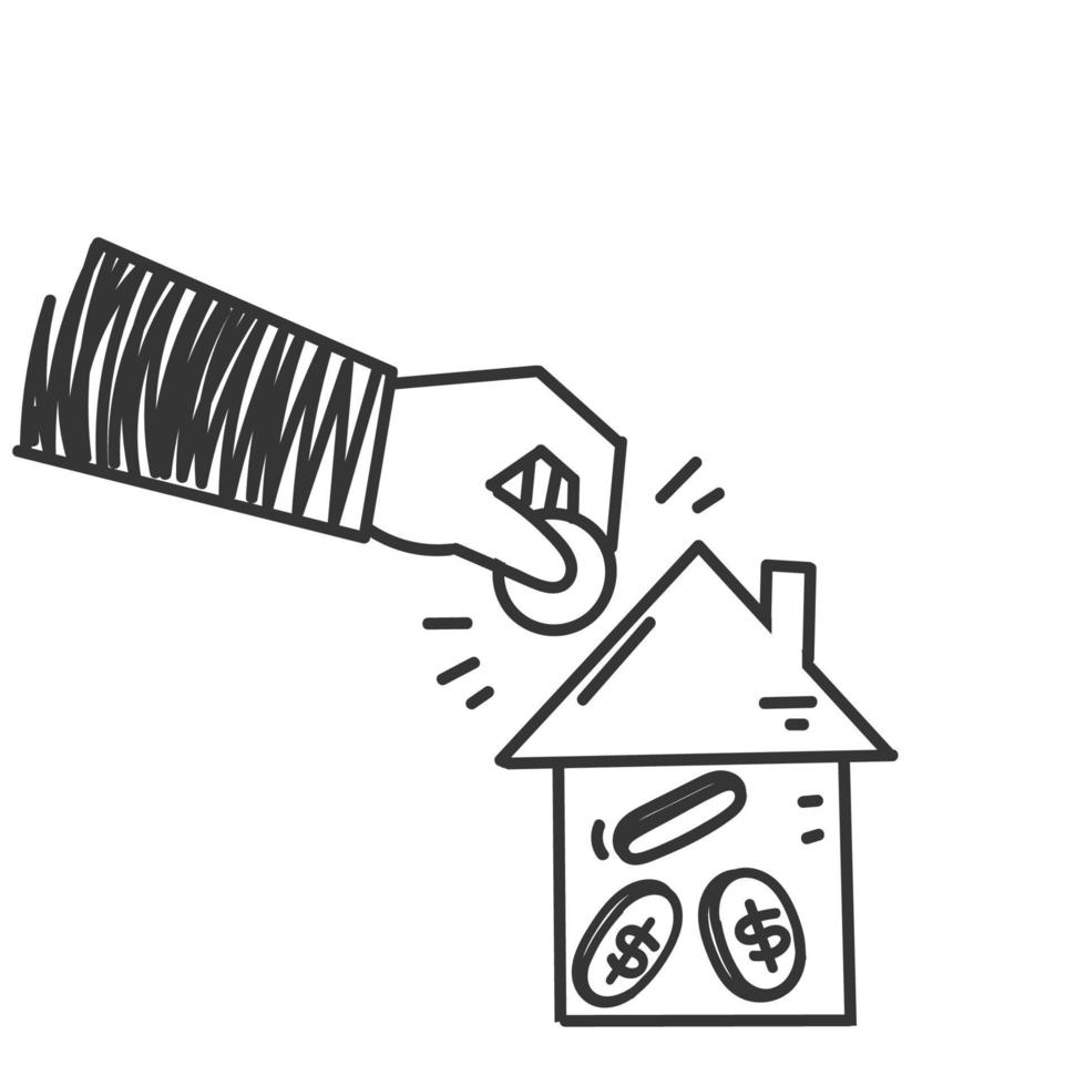 hand drawn doodle put coins in the little house illustration vector