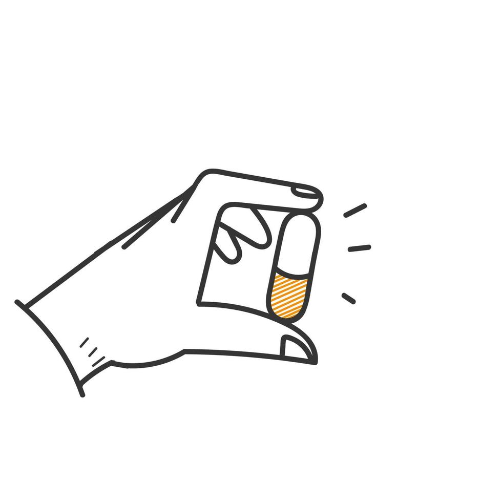 hand drawn doodle hand holding tablet pill capsule illustration vector