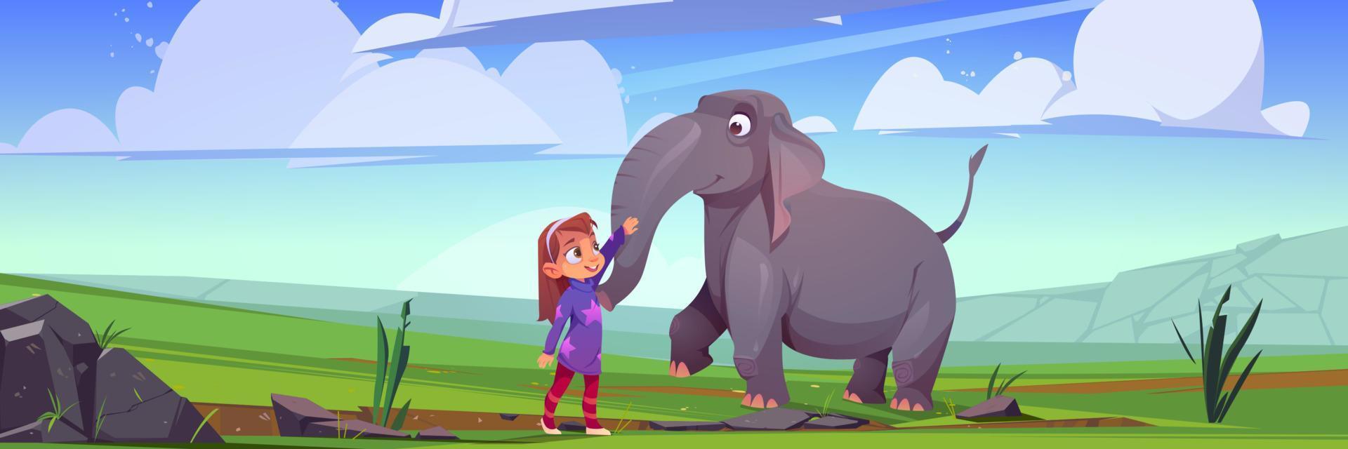Little girl caress elephant at nature landscape vector