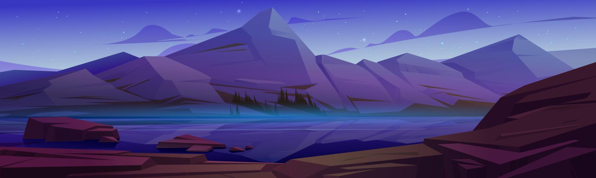 Mountain landscape with lake at night vector