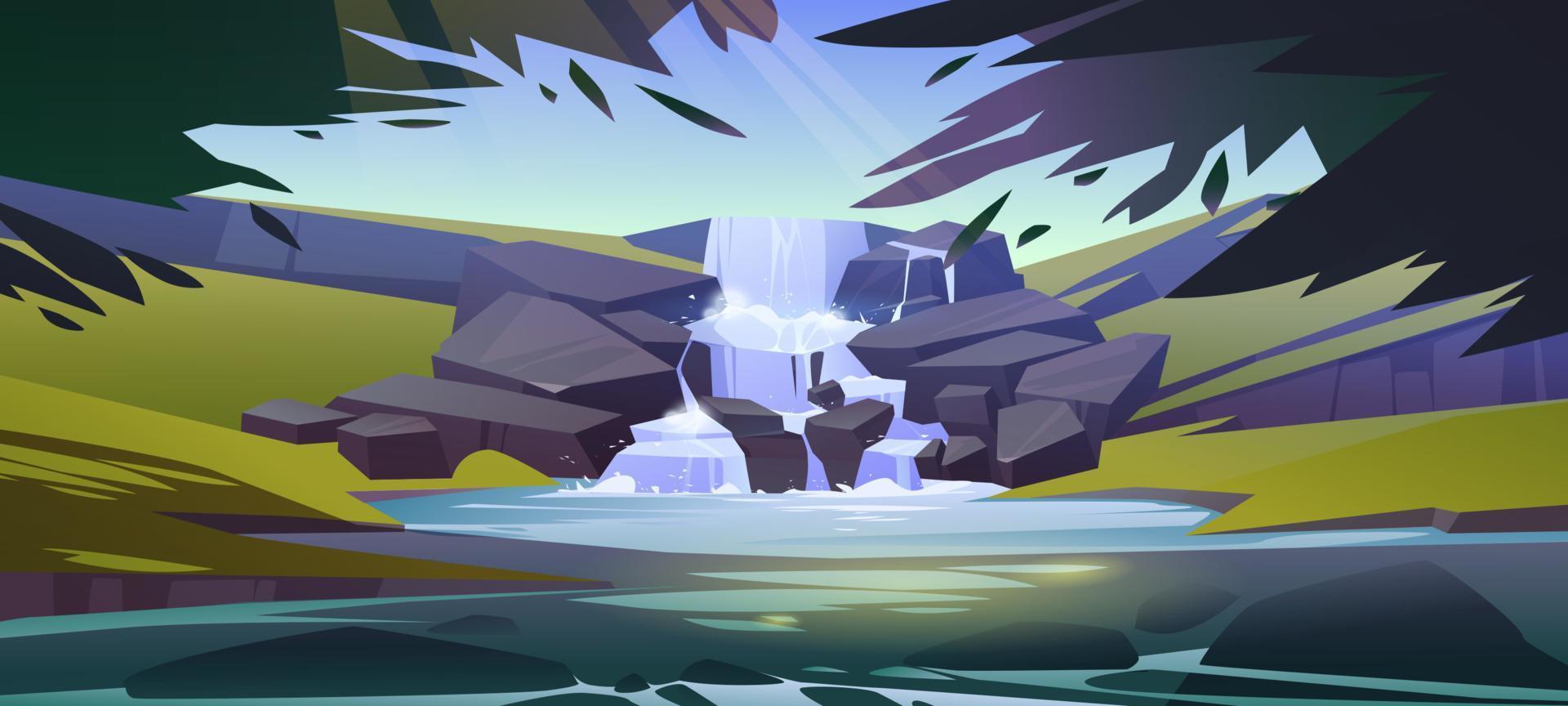 Waterfall cascade in forest cartoon landscape vector