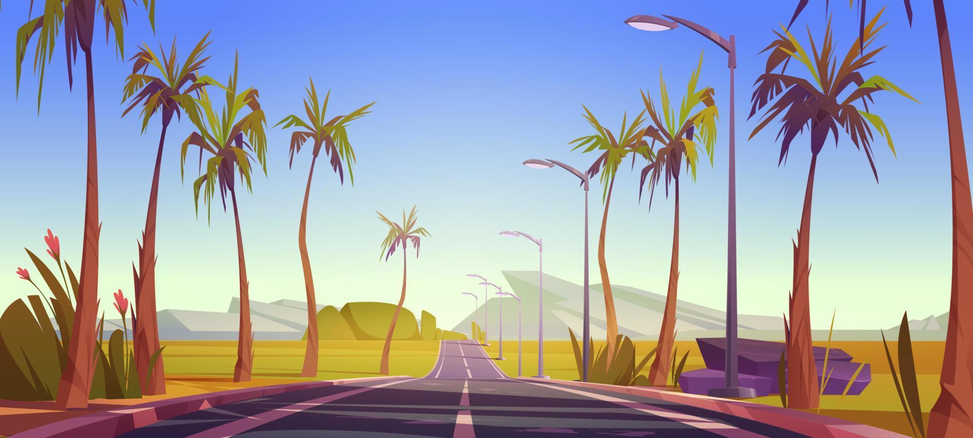 paisaje tropical con carretera de coche y palmeras vector