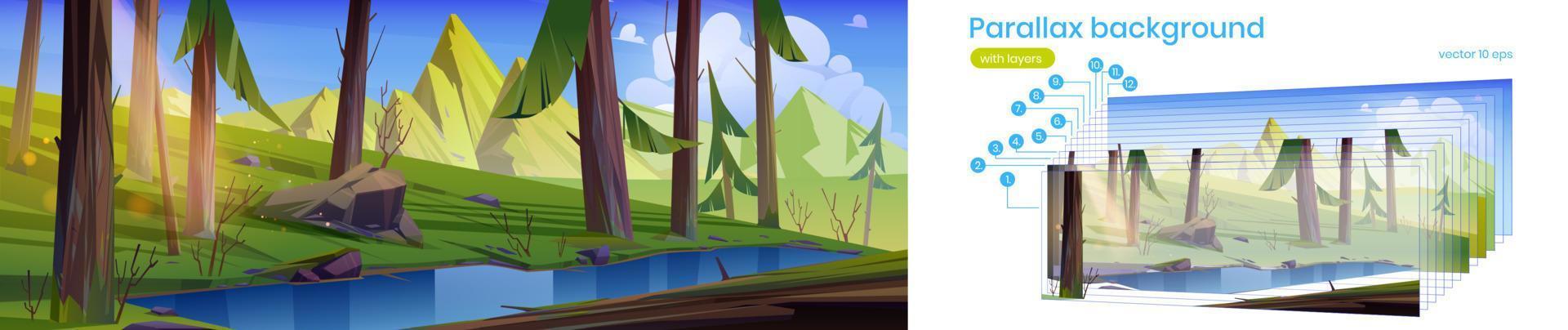 fondo de paralaje bosque de coníferas con lago vector