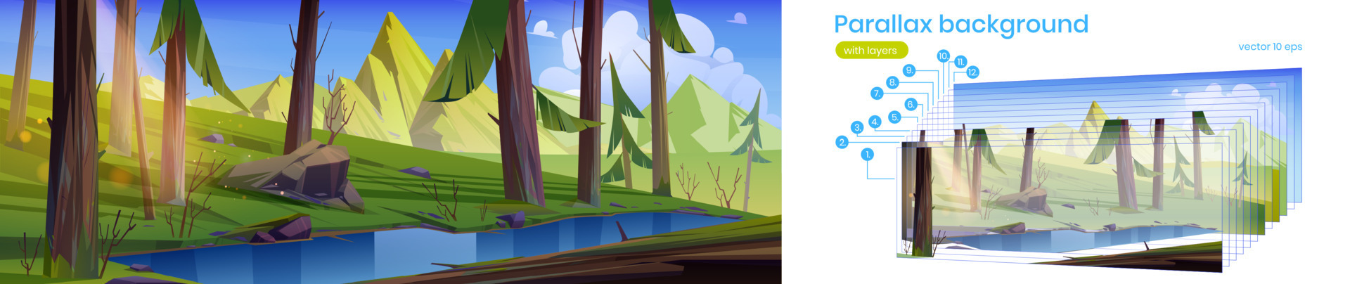 Parallax background coniferous forest with lake 14068227 Vector Art at