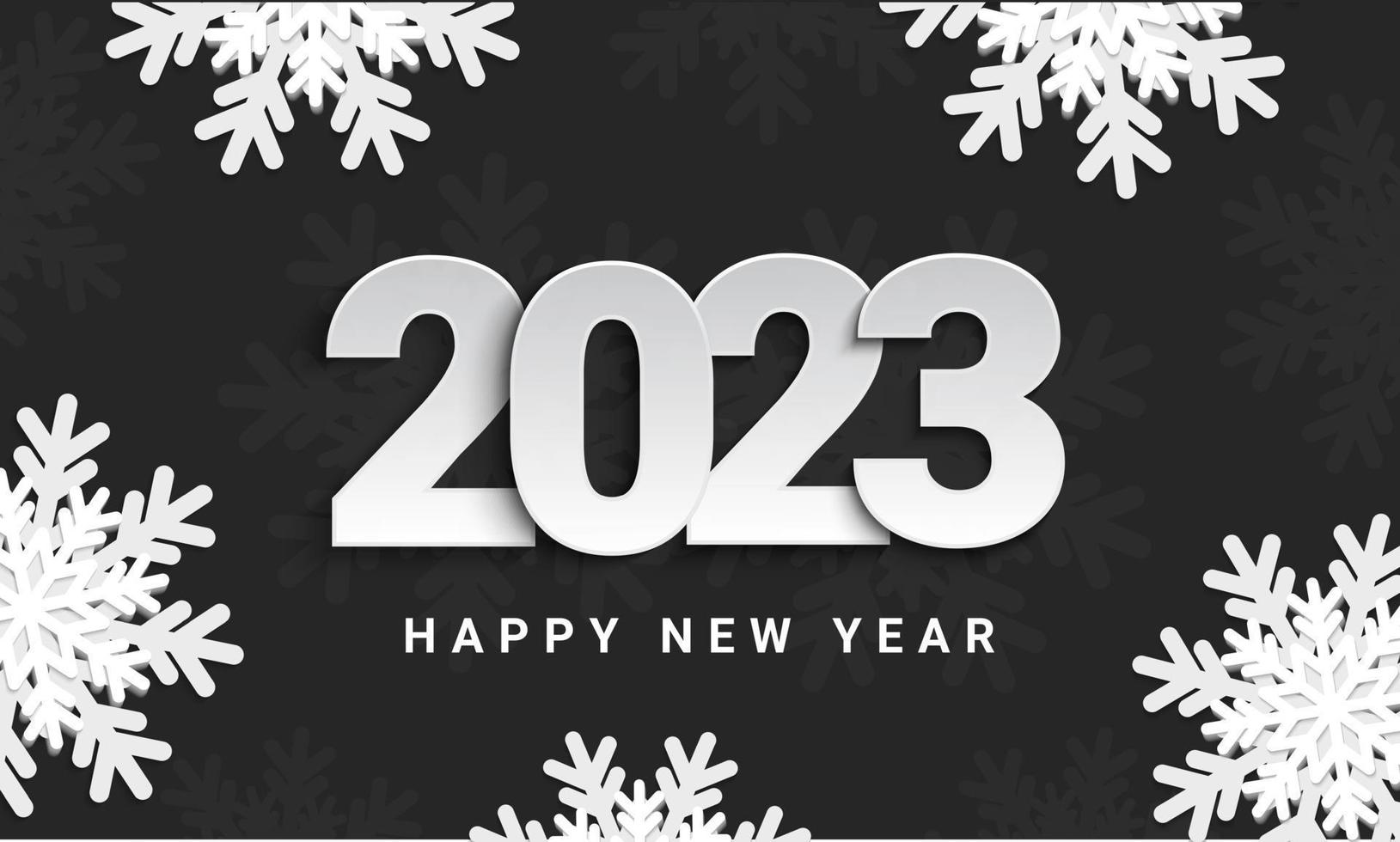 Happy new year 2023 background with white numbers and snowflake elements on dark background. Greeting cards, banners, posters. Vector illustration