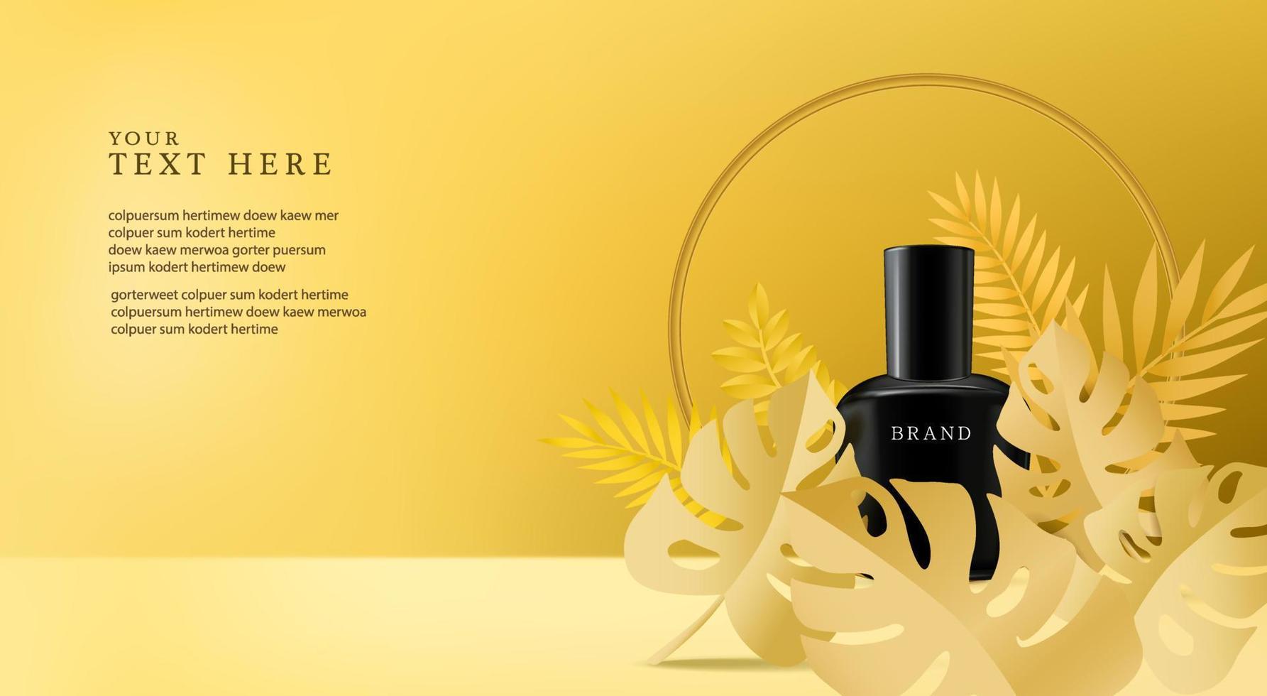 Ads cosmetics on a luxury theme with beautiful gold tropical leaves decorations in 3d illustration top view vector