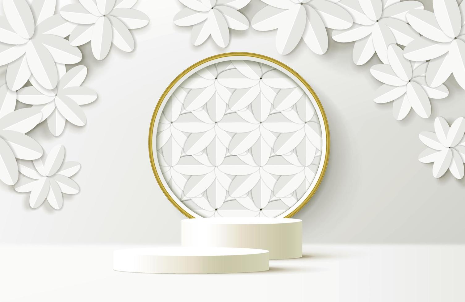 elegante fondo floral cortado en papel blanco con podio de pantalla blanca para maqueta vector