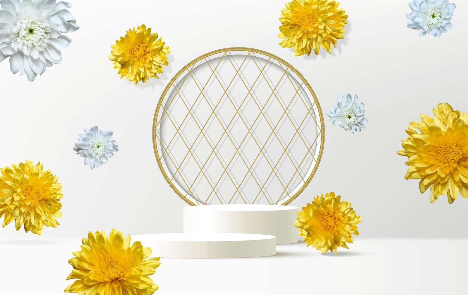 Round podium for product presentation in floral composition. vector