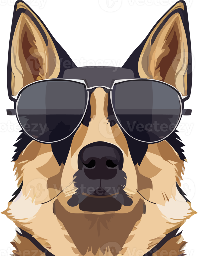 illustration  graphic of German shepherd dog wearing black sunglasses isolated good for icon, mascot, print, design element or customize your design png
