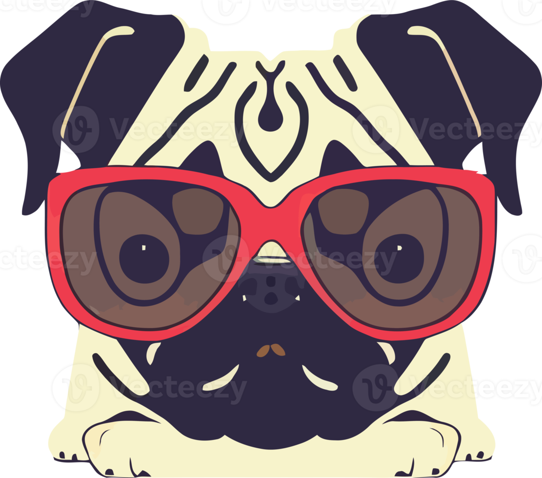illustration graphic of pug dog wearing red sunglasses isolated good for icon, mascot, print, design element or customize your design png