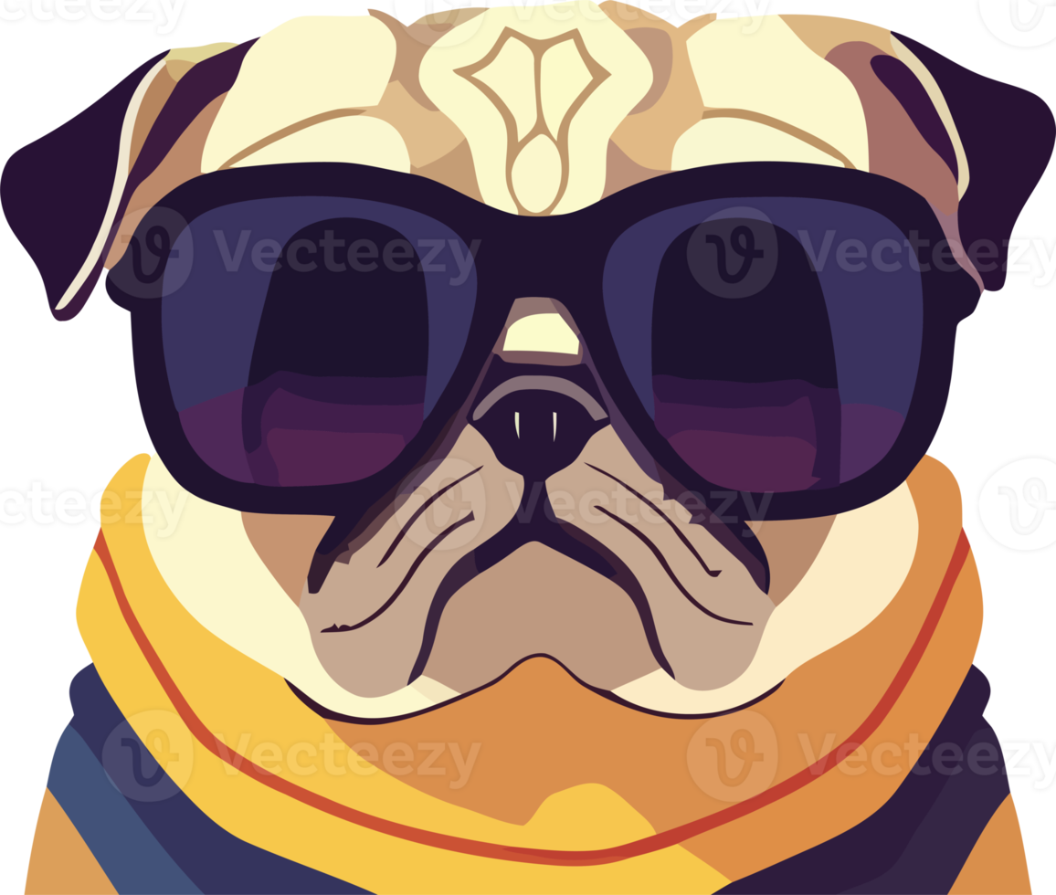 illustration graphic of pug dog wearing sunglasses isolated good for icon, mascot, print, design element or customize your design png