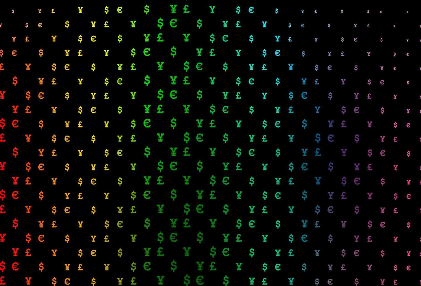 Dark multicolor, rainbow vector pattern with EUR, USD, GBP, JPY.