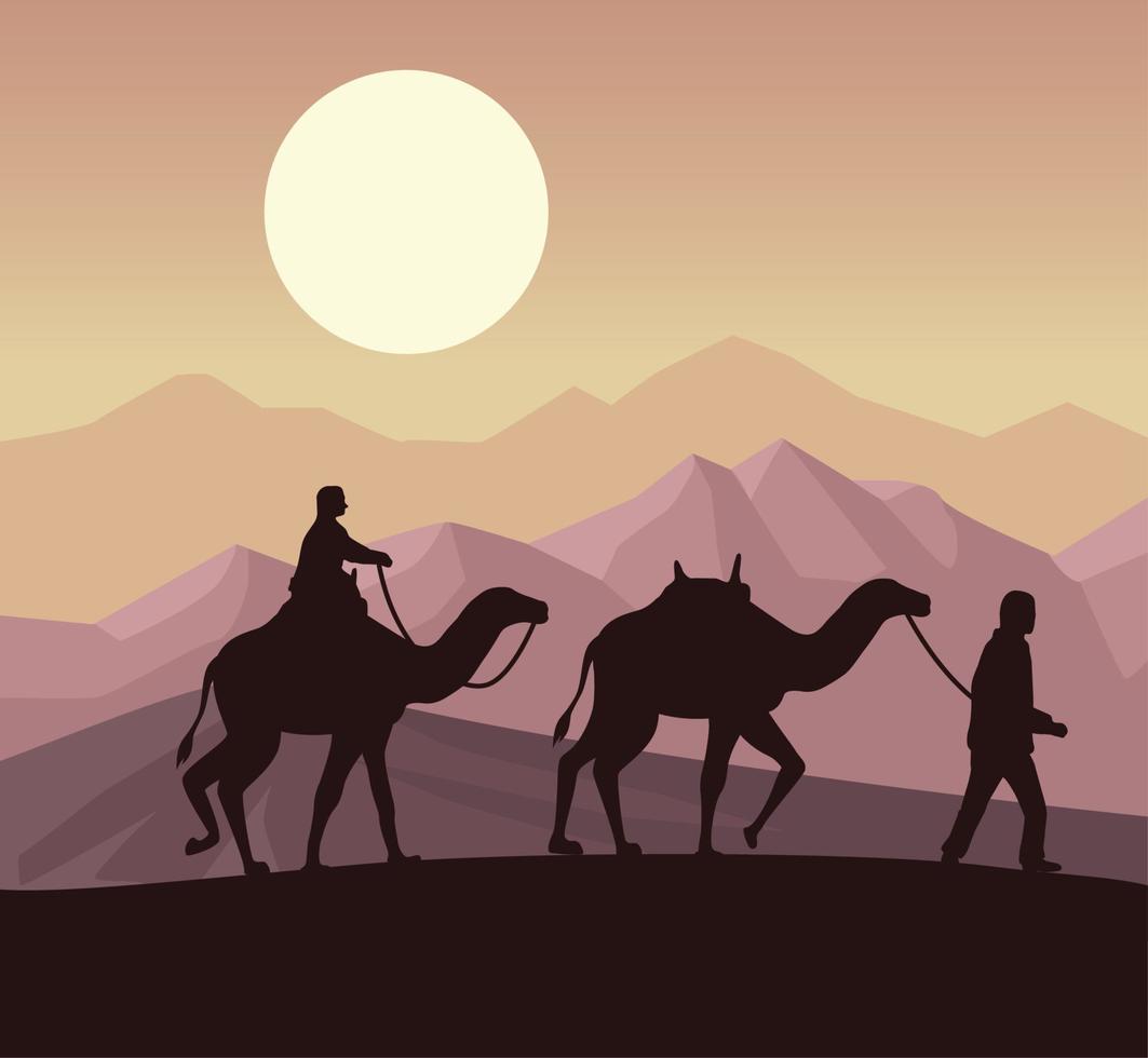 travelers and camels silhouettes vector