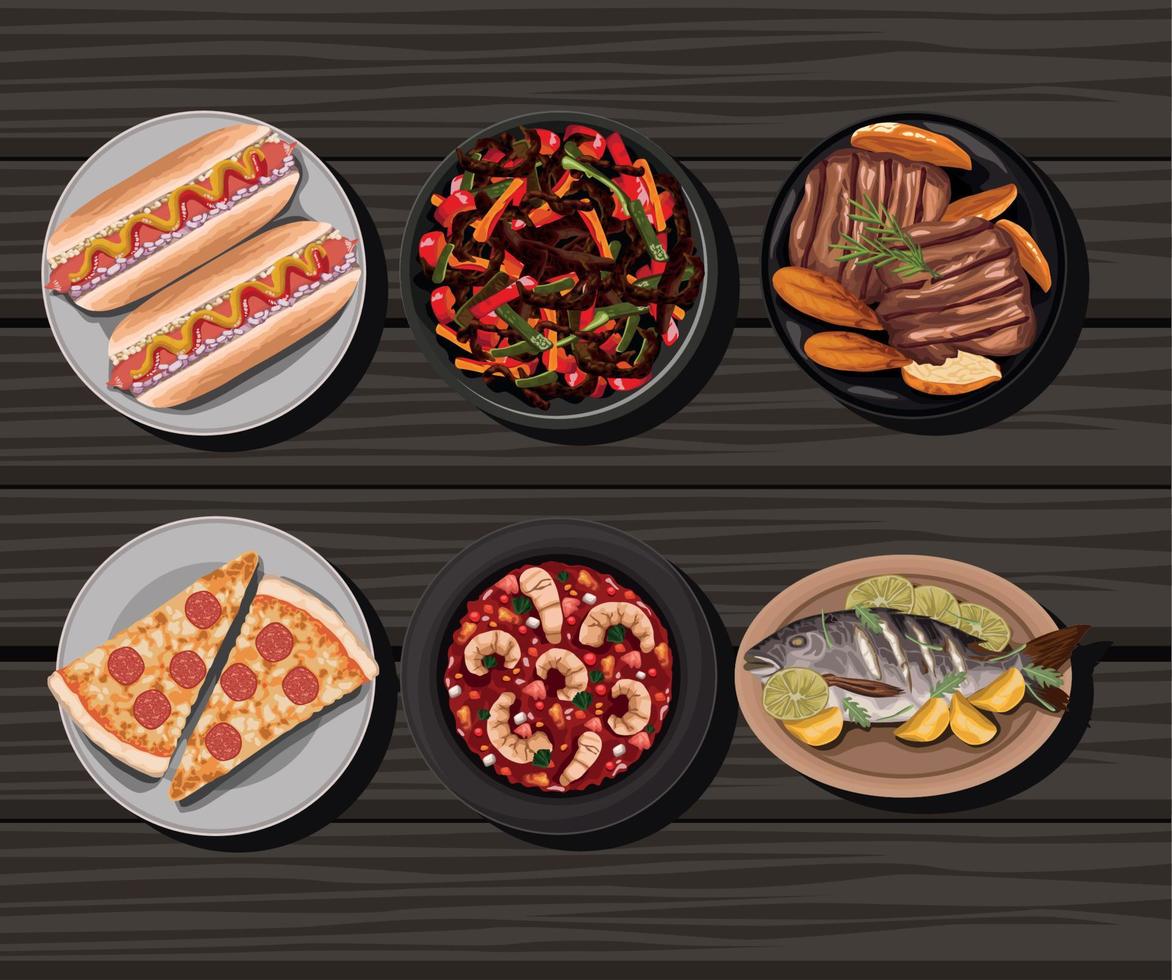 six differents food plates vector