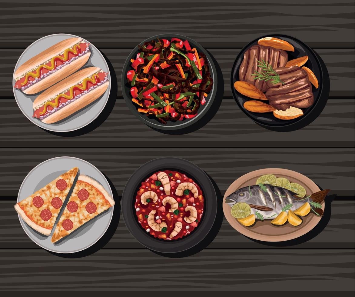 seis platos de comida diferentes vector