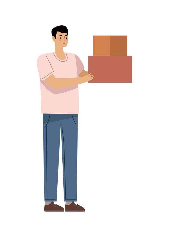hombre levantando cajas de cartón vector