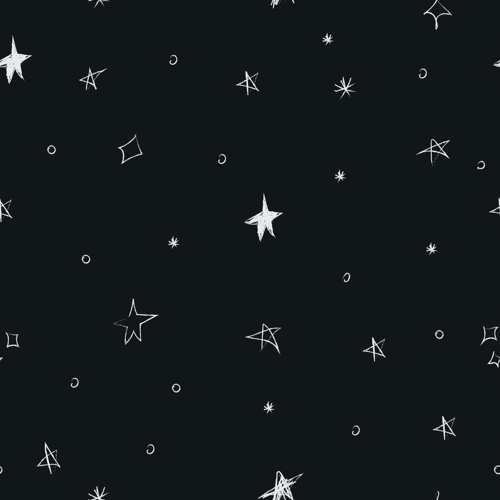Doodle cosmic seamless pattern in childish style. Hand drawn abstract space stars. Black and white. vector