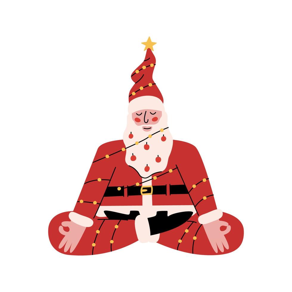 Flat vector hand drawn Santa Claus meditating isolated on white background