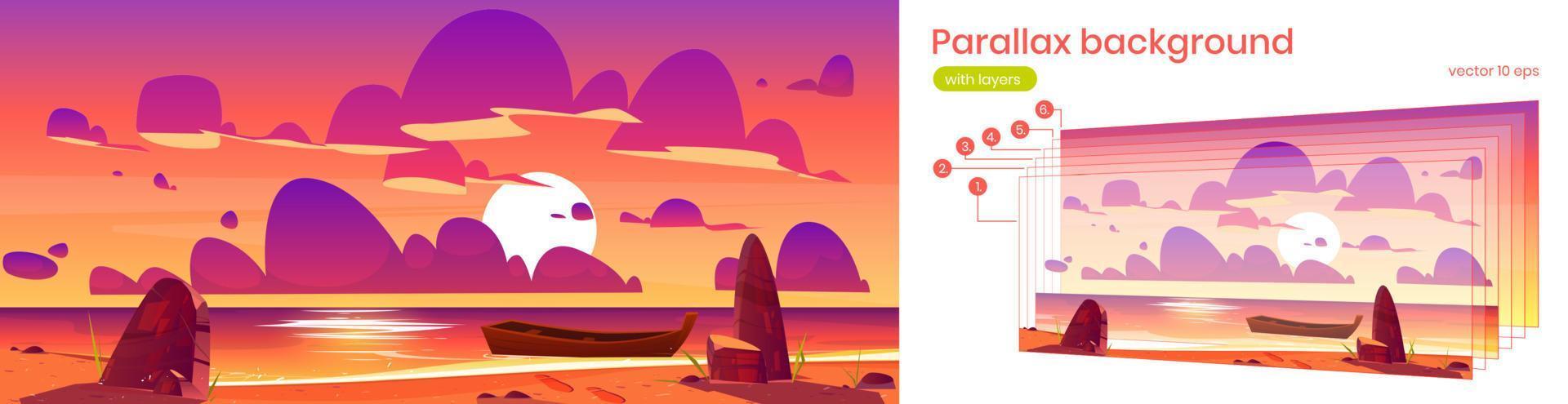 Parallax background, sunset in ocean with boat vector