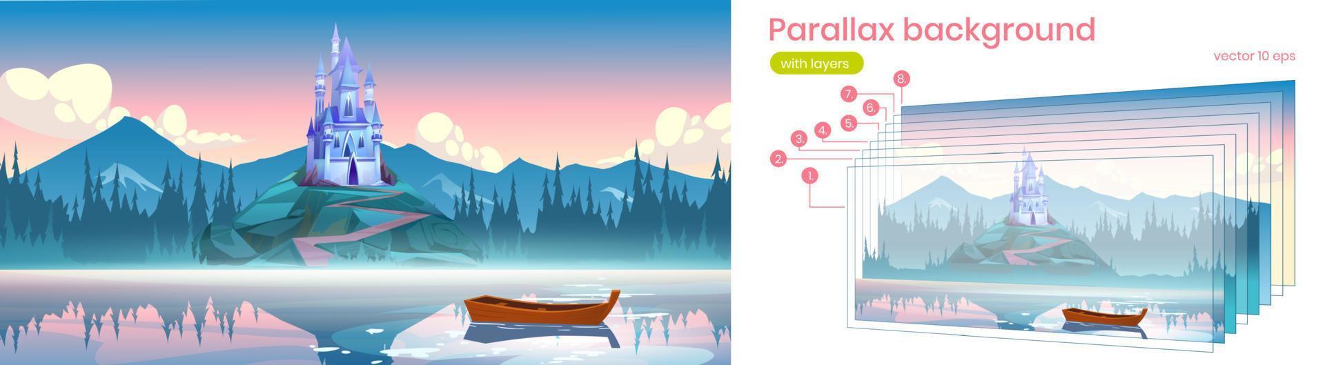 Parallax background with fantasy palace on rock vector