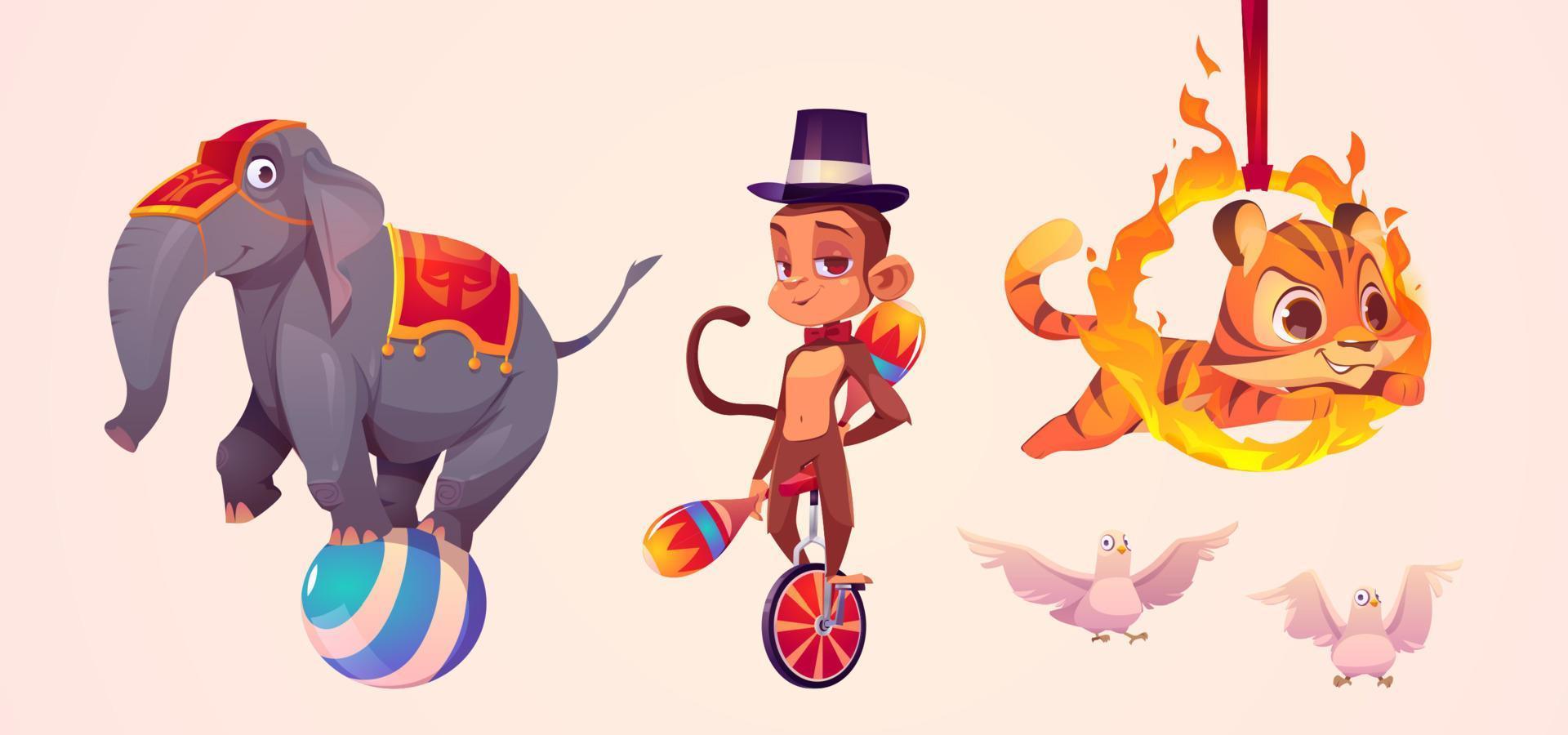 Cute circus animals, elephant, monkey and tiger vector