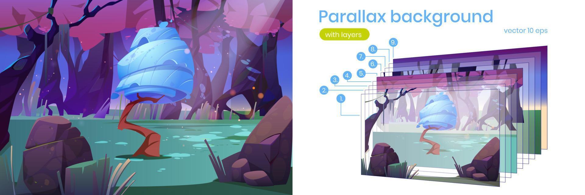 fondo de paralaje paisaje 2d con árbol de fantasía vector