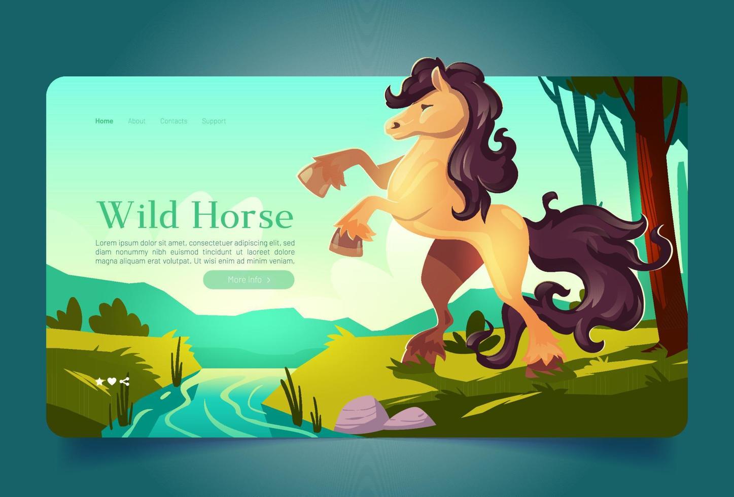 caballo salvaje en el aterrizaje de dibujos animados de paisaje forestal vector