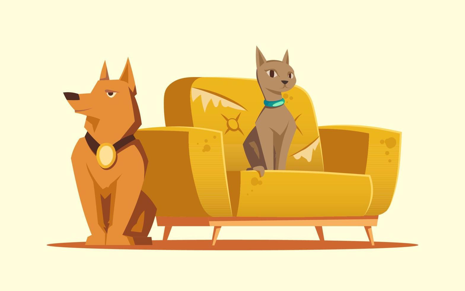 Home pets cat and dog sitting at scratched sofa vector