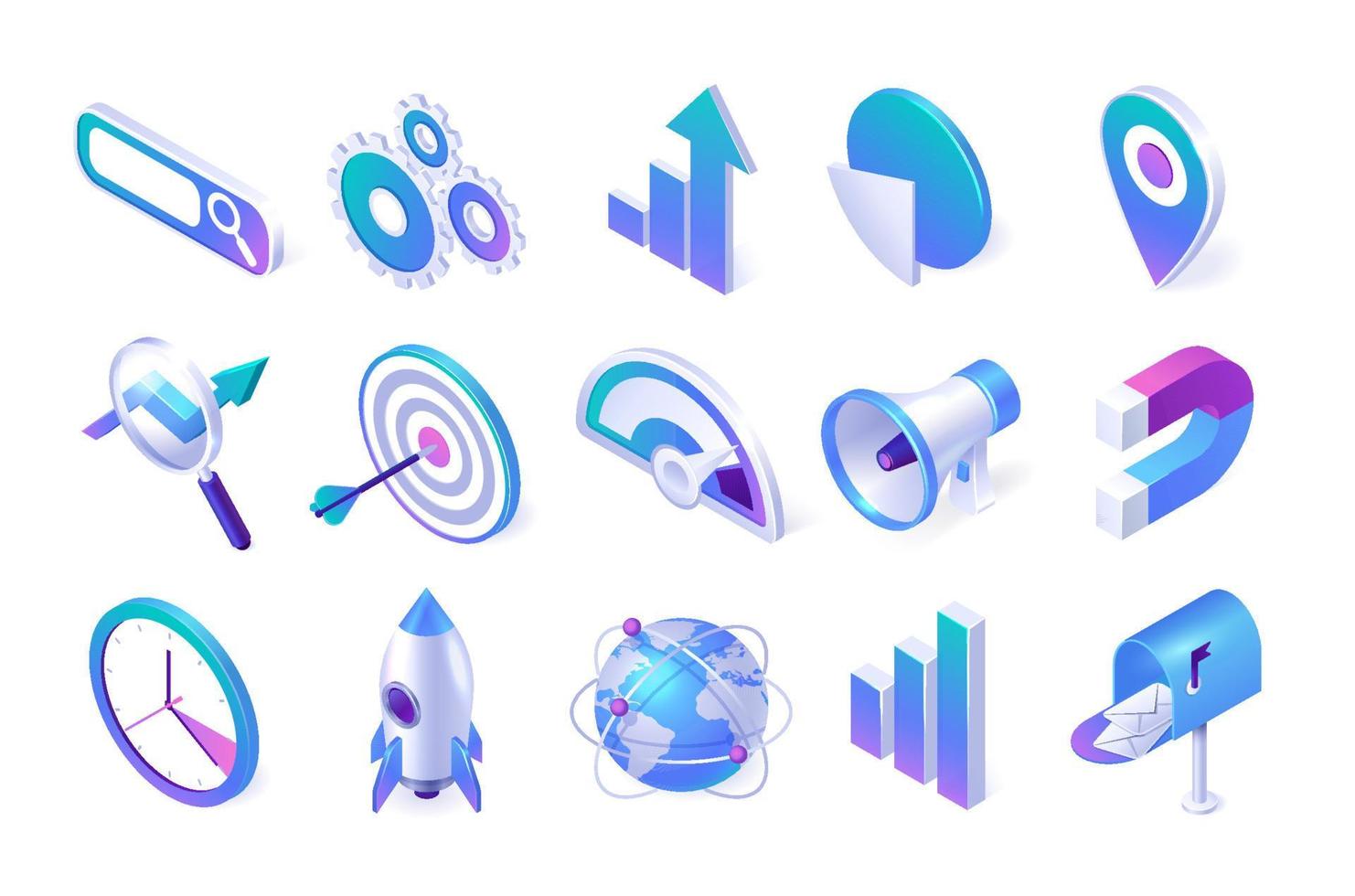 Isometric seo and marketing icons 3d vector set