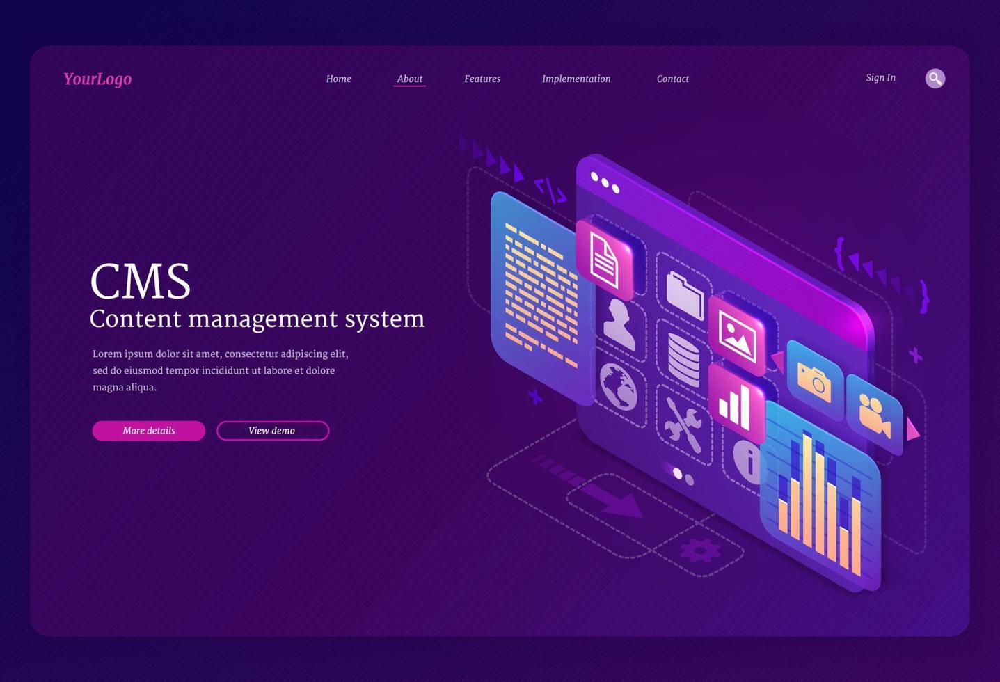 CMS, content management system isometric landing vector