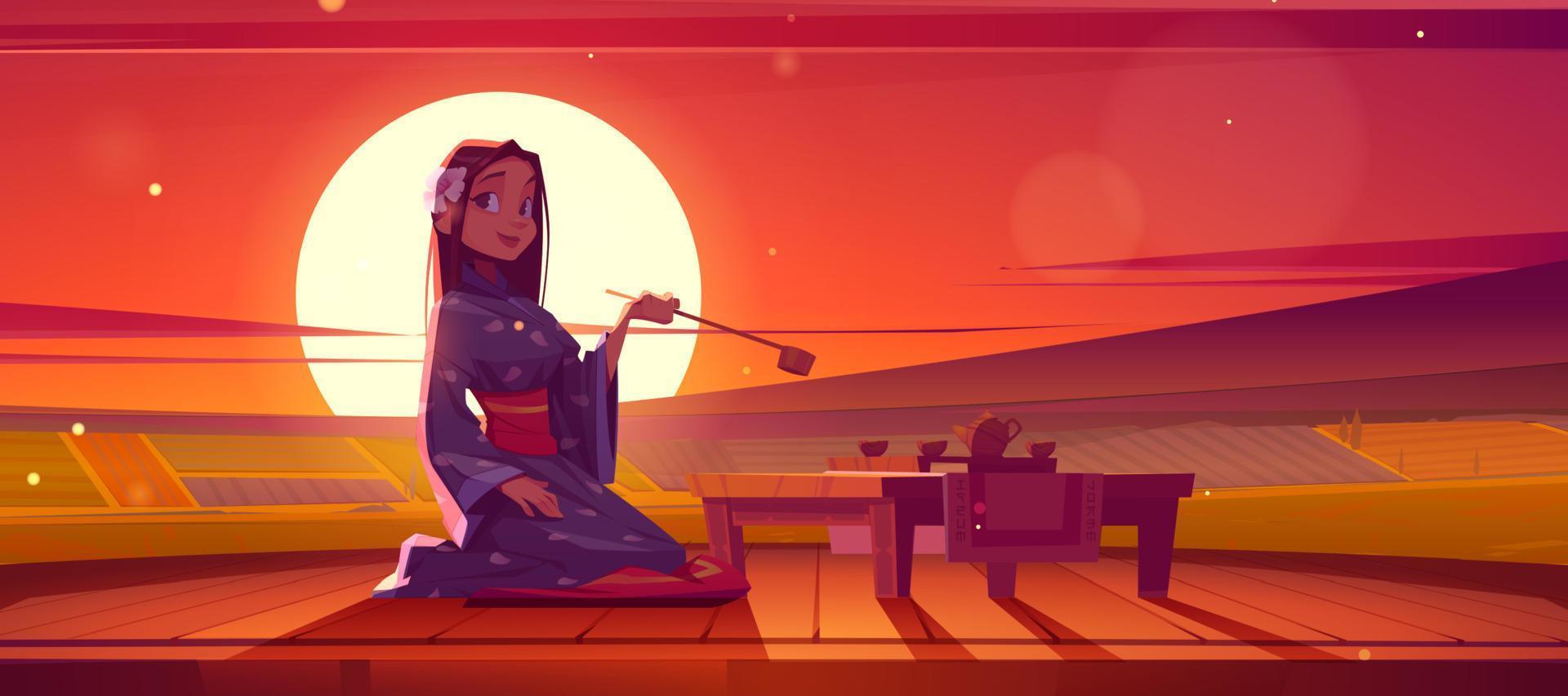 ceremonia del té japonesa y niña en kimono al atardecer vector