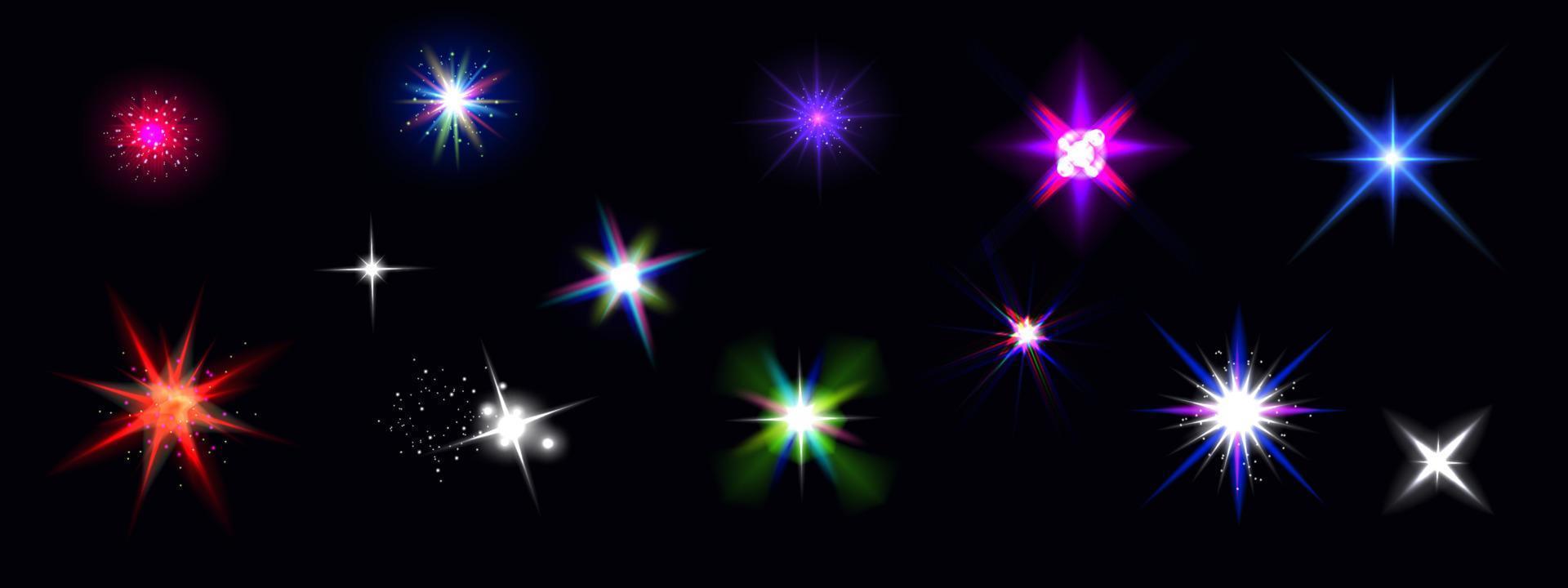 Color shine effects, flash lights with sparkles vector