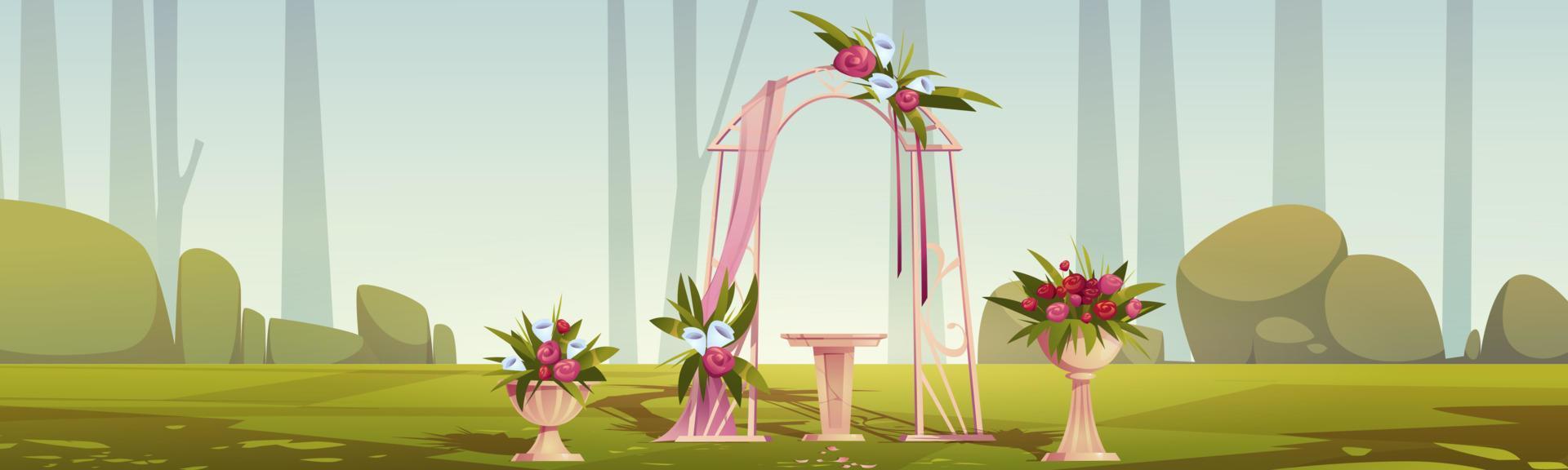 Outdoor wedding reception with floral arch vector