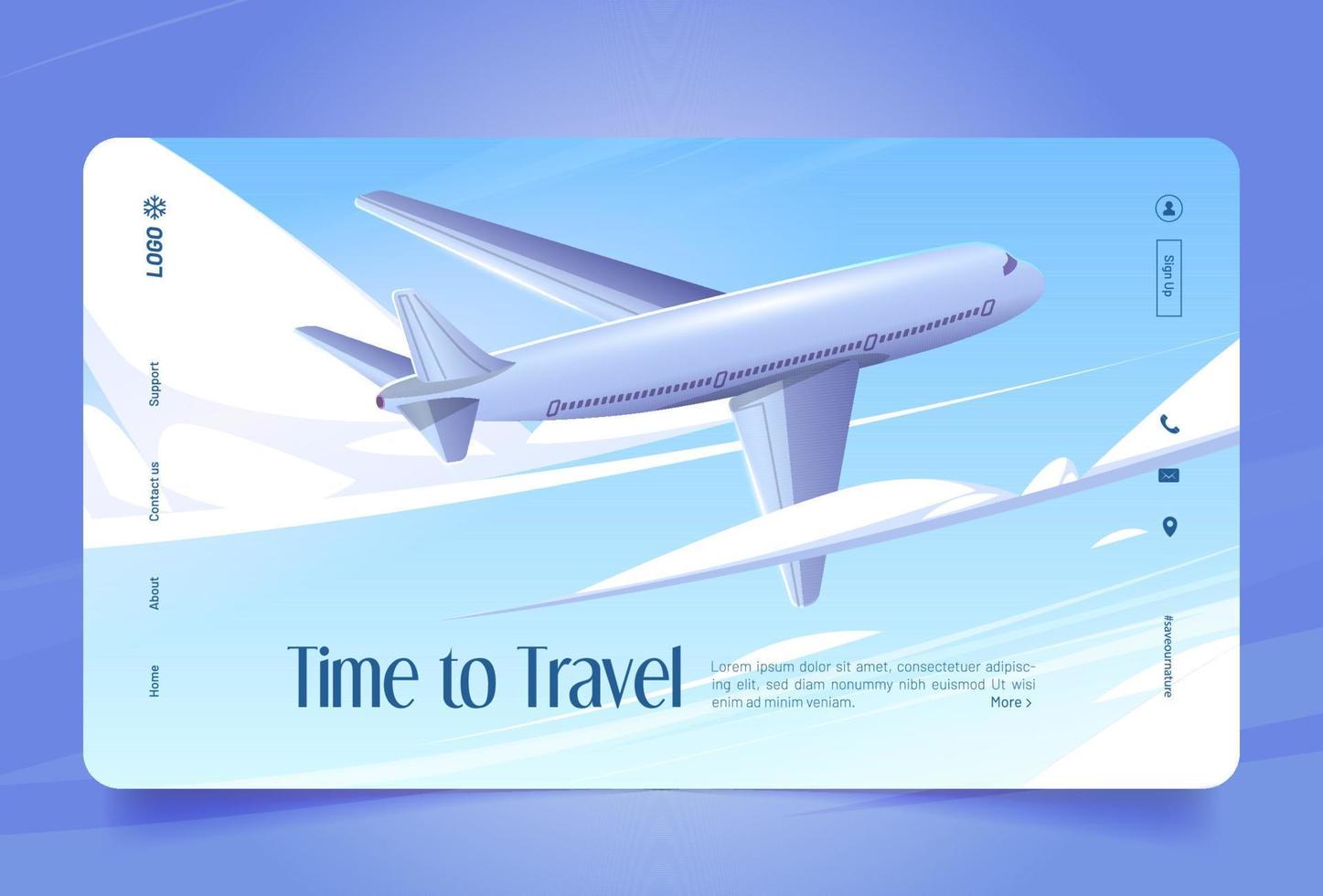 Time to travel cartoon landing, airplane in sky vector