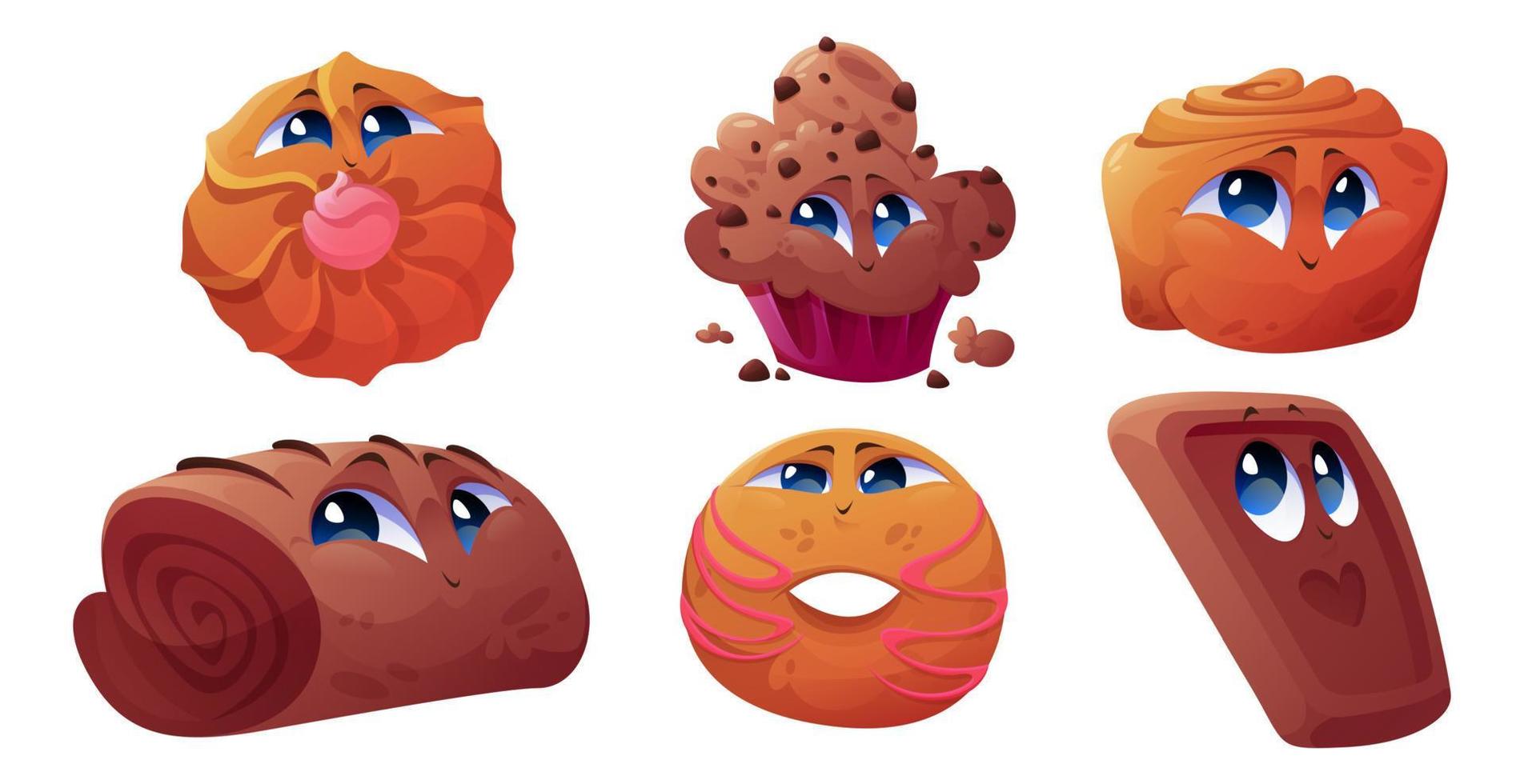 Cute bakery characters, cake, cookie, roll, donut vector