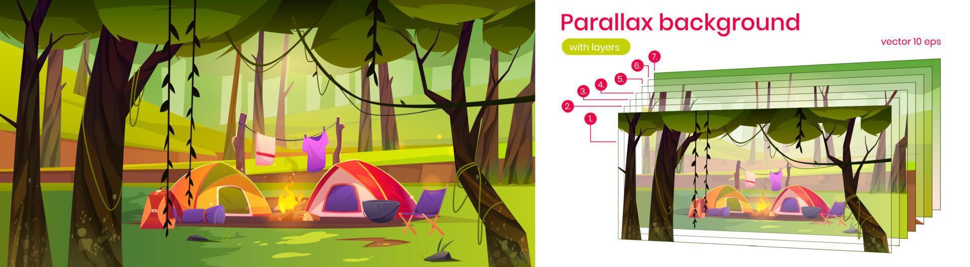 fondo de paralaje campamento de verano con carpas turísticas vector