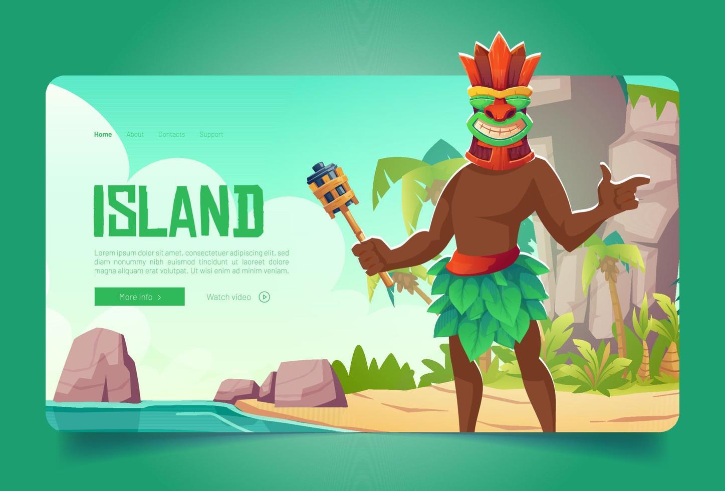 Island banner with black man in tiki mask on beach vector