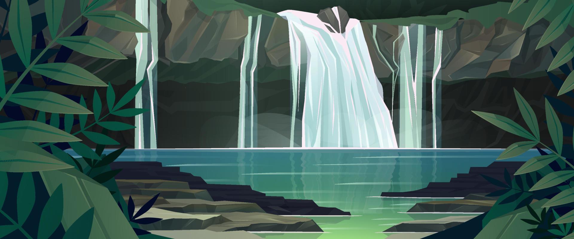 Waterfall in jungle with trees and mountains vector