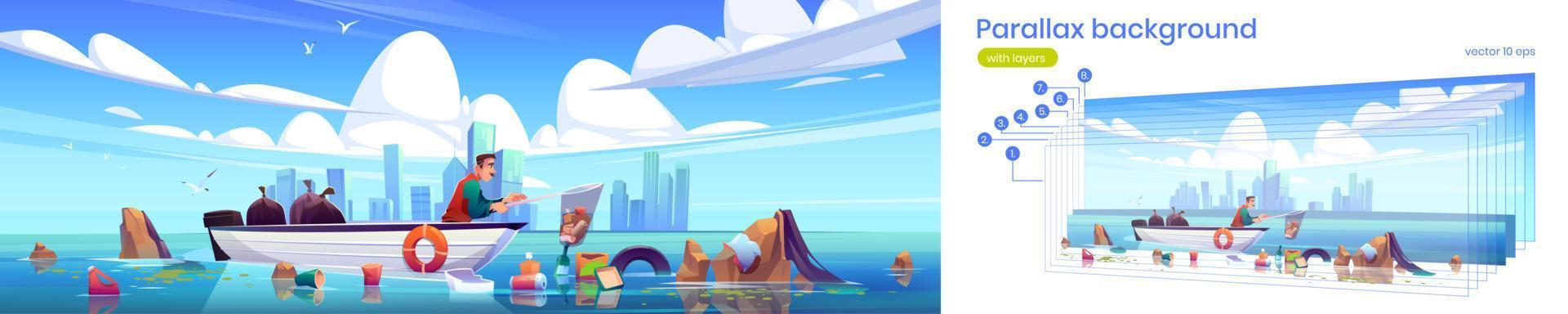 Parallax background ocean polluted water cleanup vector