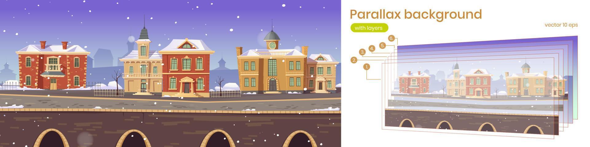 Parallax background with old town street in winter vector