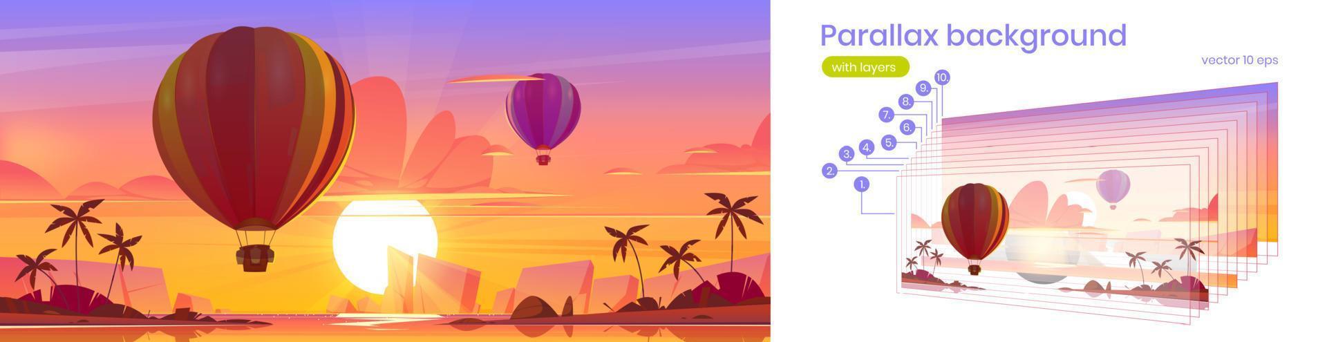 Parallax background hot air balloons flying in sky vector