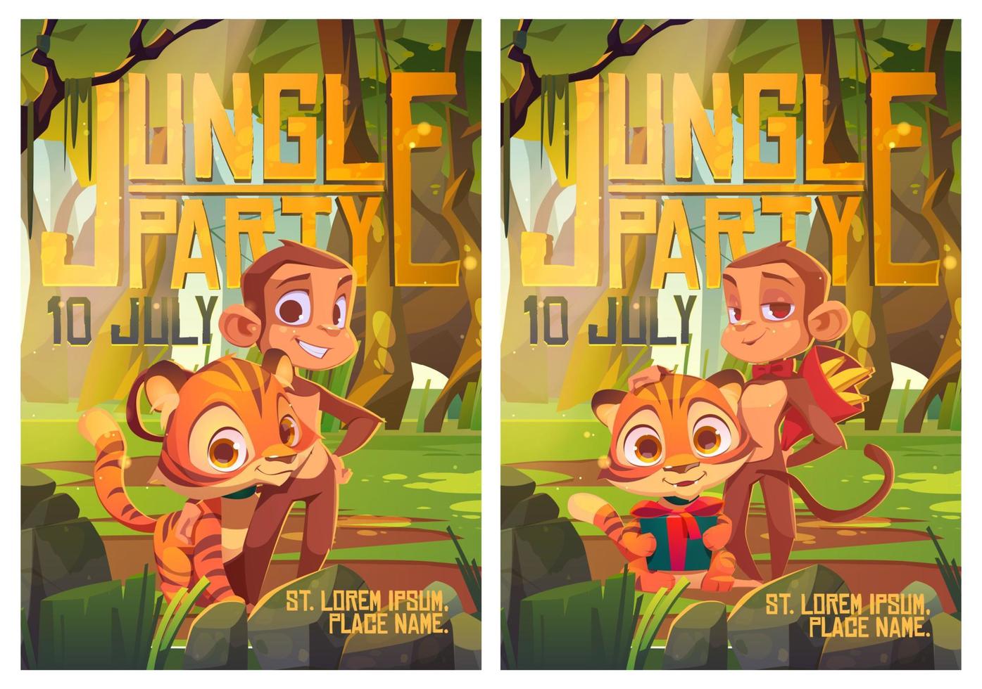 volante de fiesta en la jungla, tarjeta de invitación para evento infantil vector