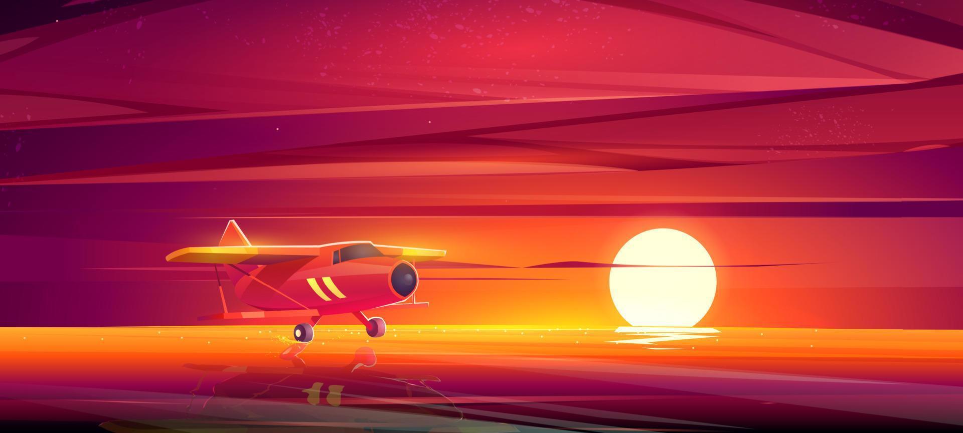 pequeño avión al atardecer océano paisaje de dibujos animados vector