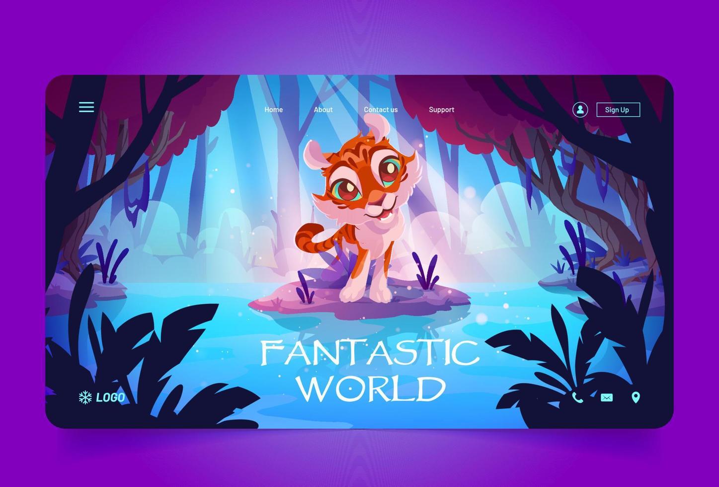 Fantastic world banner with cute tiger in forest vector