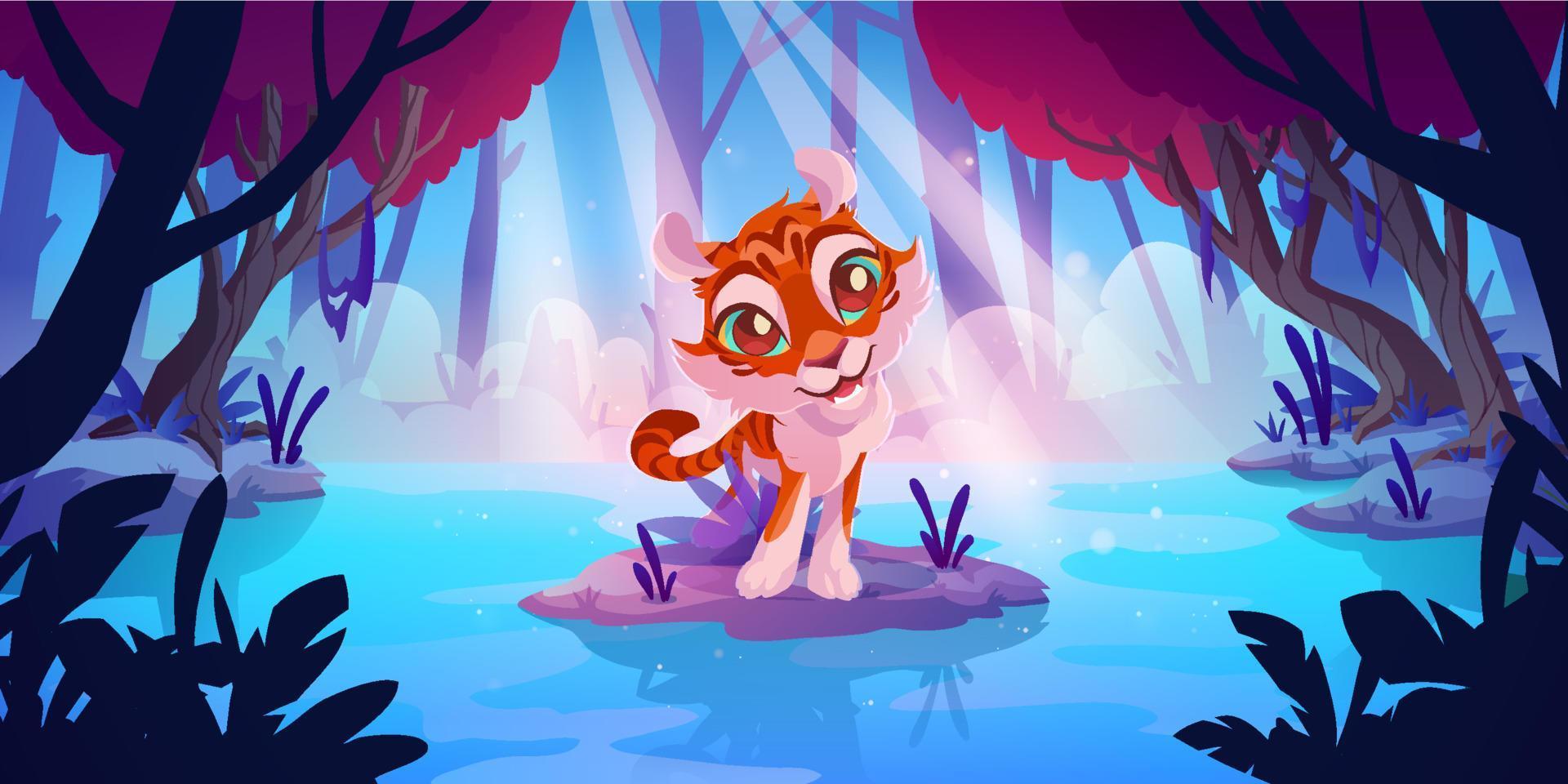 Cute tiger in fantastic world, cartoon character vector