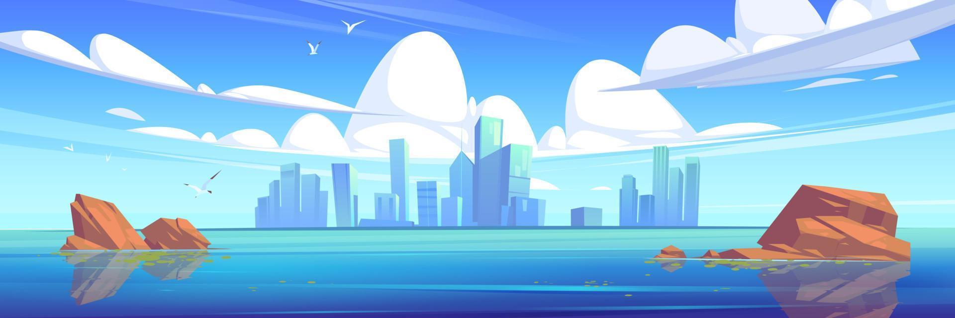 Lake or river and city buildings on skyline vector