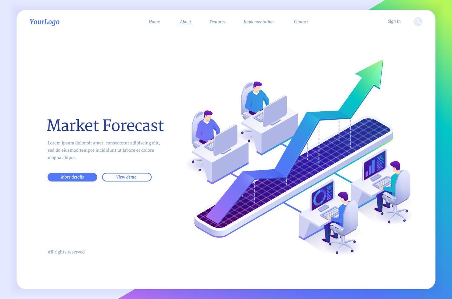 página de destino isométrica de pronóstico del mercado, predicción vector