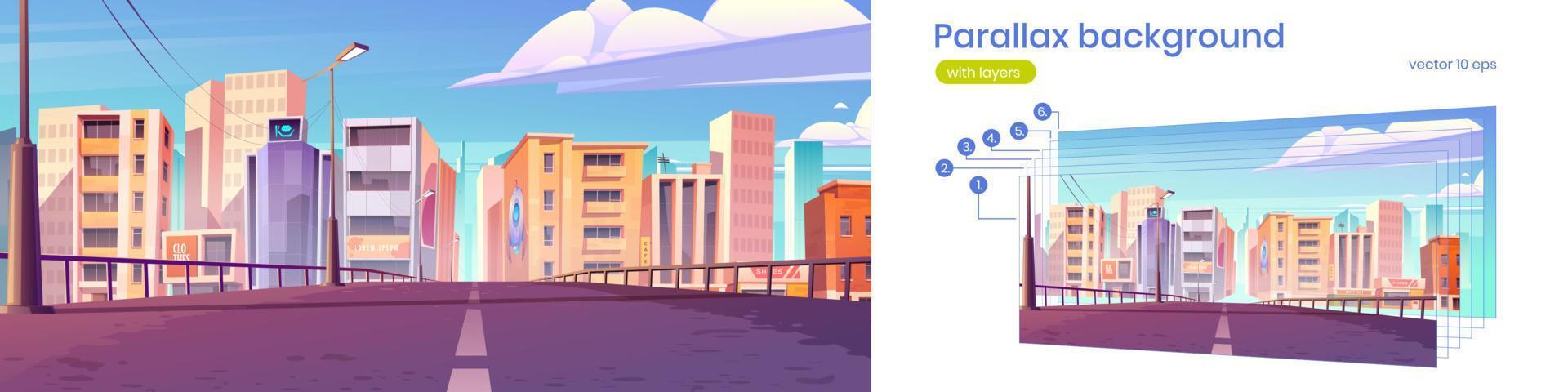 Parallax background with road and city buildings vector