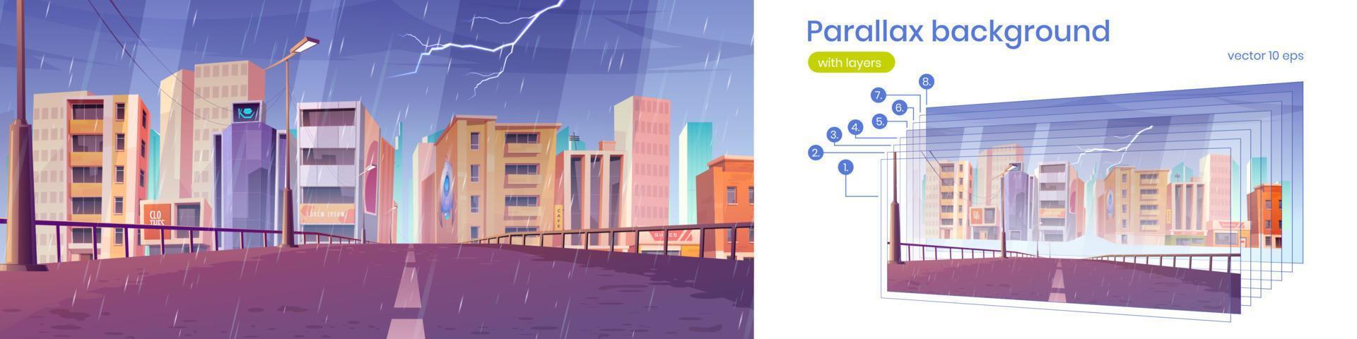 Parallax background with city road in rain vector